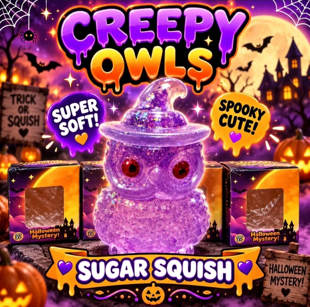 Sugar Squish Creepy Owls Halloween Mystery Squishy Toy Purple